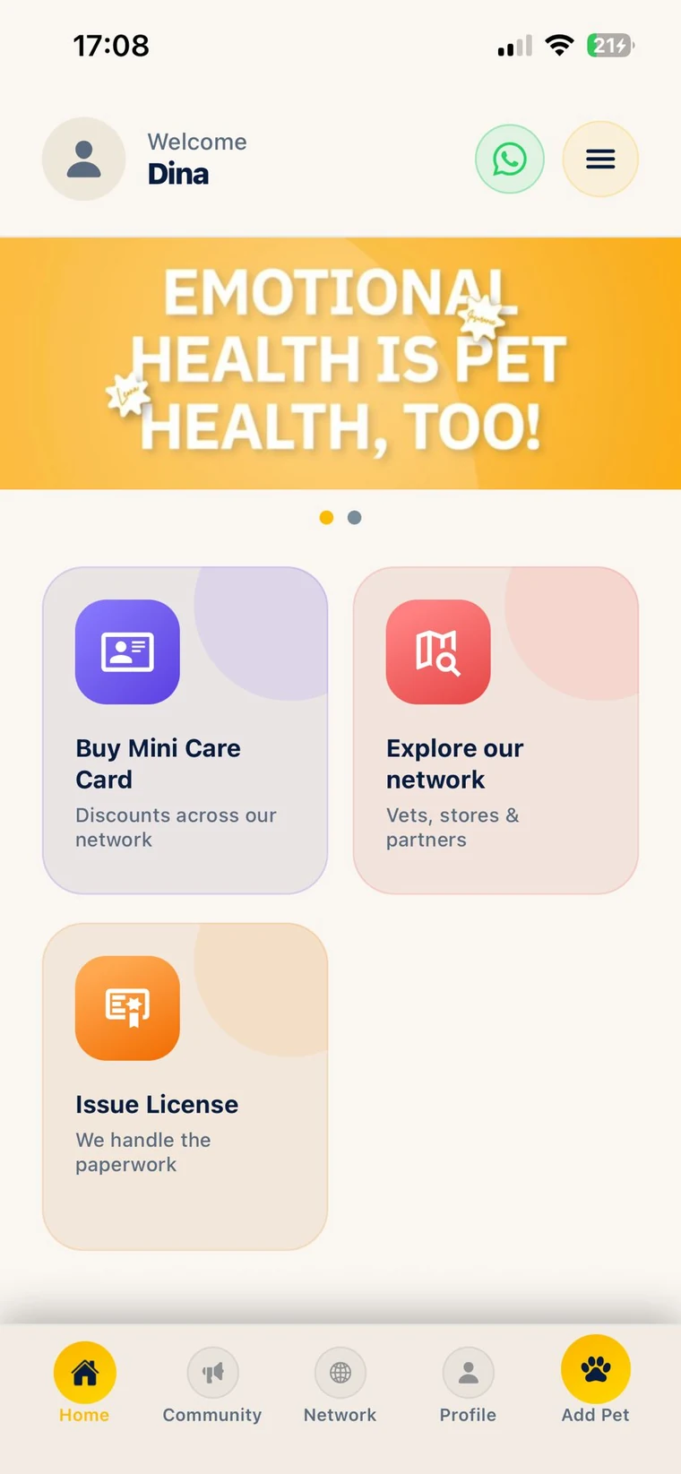 The Leona app home screen, showing the Mini Care Card, the partner network and dog licence issuing